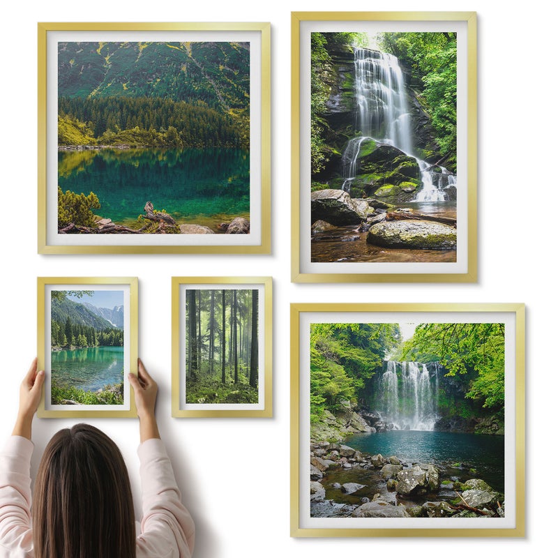 Galeria ścienna 5-częściowy komplet obrazów w złotych ramach - Wodospady i leśne krajobrazy w otoczeniu natury - ArtPrintCave