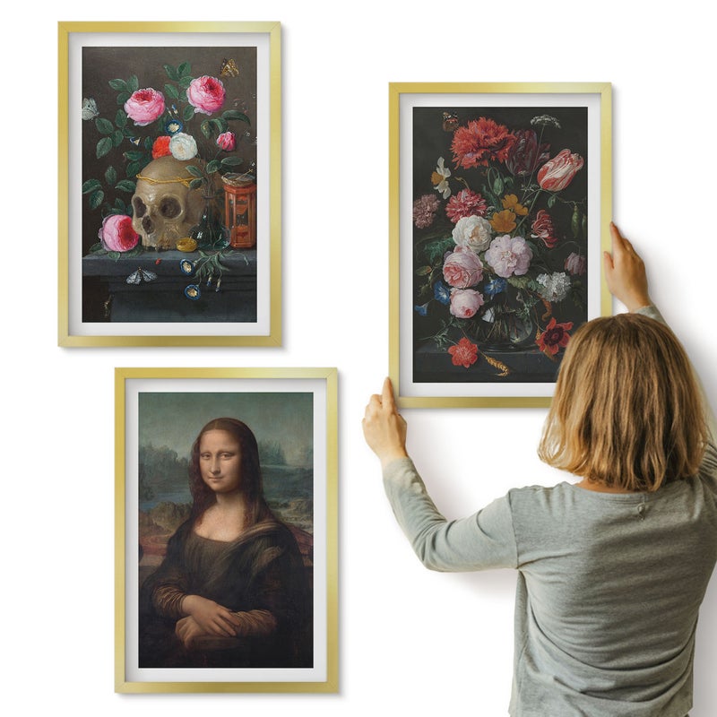 Galeria ścienna 3-częściowy komplet obrazów w złotych ramach - Vintage kwiaty czaszka i portret Mona Lisy Leonardo da Vinci - ArtPrintCave