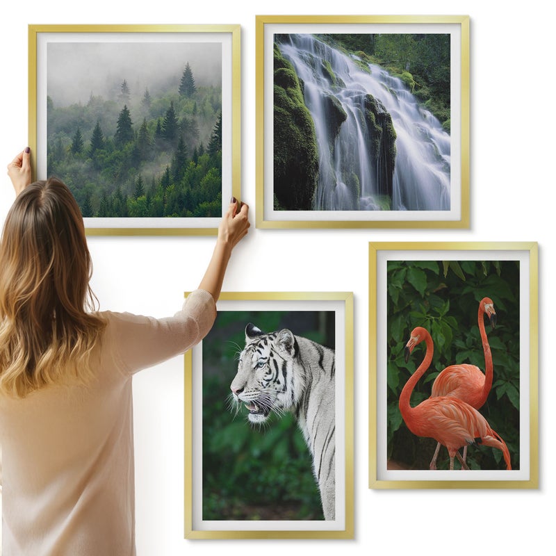 Galeria ścienna 4-częściowy komplet obrazów w złotych ramach - Tygrys wodospad i różowe flamingi w naturze - ArtPrintCave