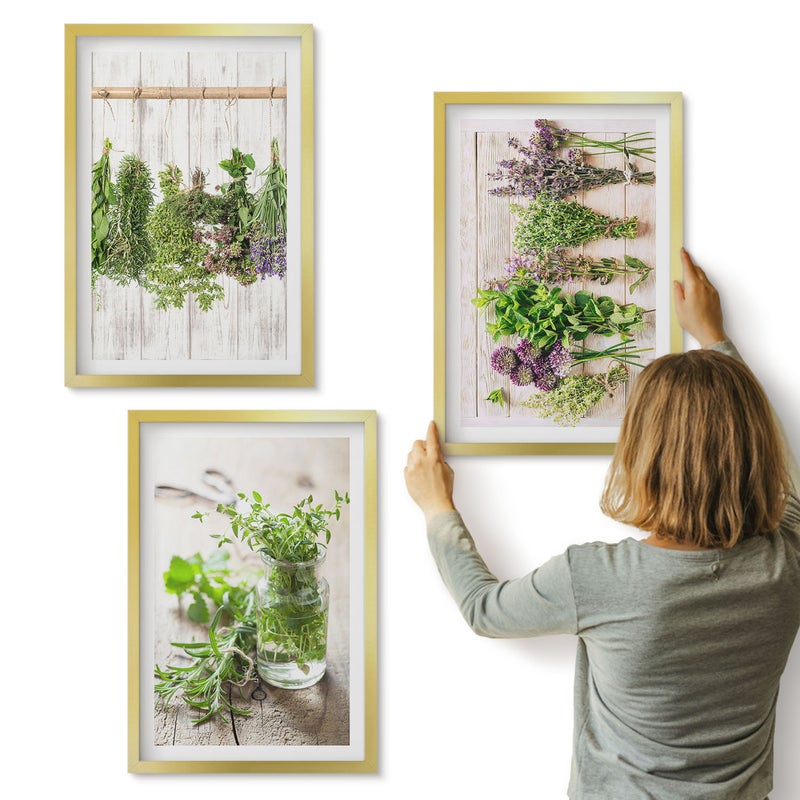 Galeria ścienna 3-częściowy komplet obrazów w złotych ramach - Suszące się zioła i rośliny do kuchni - ArtPrintCave
