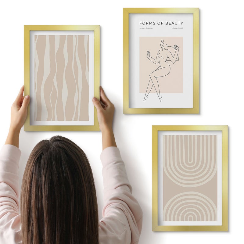 Galeria ścienna 3-częściowy komplet obrazów w złotych ramach - Abstrakcyjne wzory delikatne boho dekoracje - ArtPrintCave