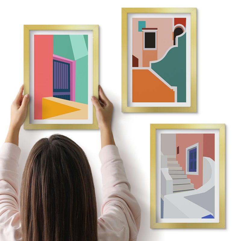 Galeria ścienna 3-częściowy komplet obrazów w złotych ramach - Kolorowe ilustracje budynków w stylu nowoczesnym - ArtPrintCave