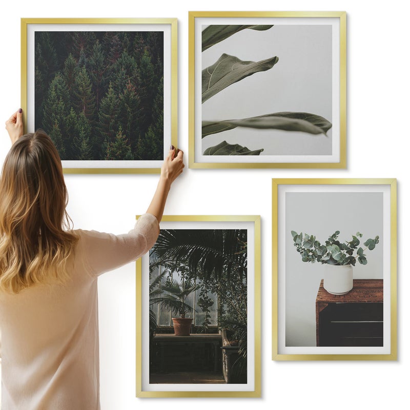 Galeria ścienna 4-częściowy komplet obrazów w złotych ramach - Rośliny w doniczkach liście w rustykalnym stylu - ArtPrintCave