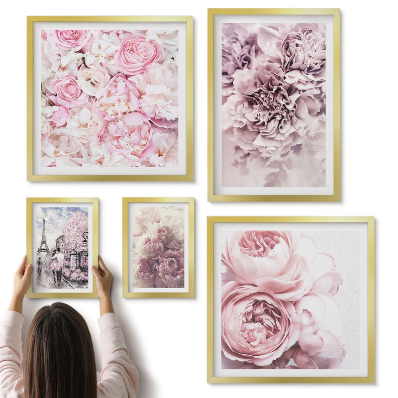 Galeria ścienna 5-częściowy komplet obrazów w złotych ramach - Kwiatowe kompozycje w romantycznym stylu vintage - ArtPrintCave