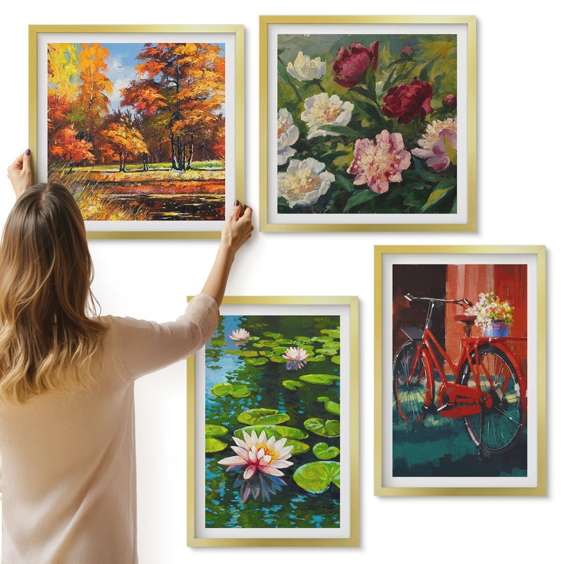 Galeria ścienna 4-częściowy komplet obrazów w złotych ramach - Lilie na wodzie rower w ogrodzie kolorowe kwiaty - ArtPrintCave
