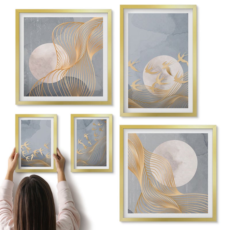 Galeria ścienna 5-częściowy komplet obrazów w złotych ramach - Harmonia natury w delikatnych odcieniach i motywach - ArtPrintCave