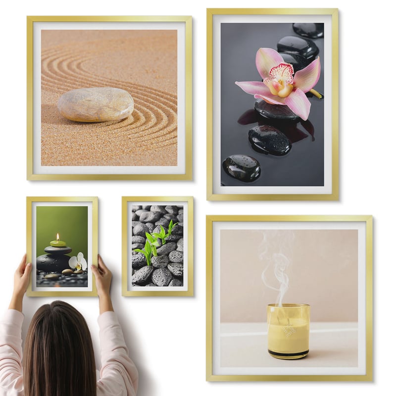 Galeria ścienna 5-częściowy komplet obrazów w złotych ramach - Relaksacyjne motywy zen z kamieniami i kwiatami orchidei - ArtPrintCave