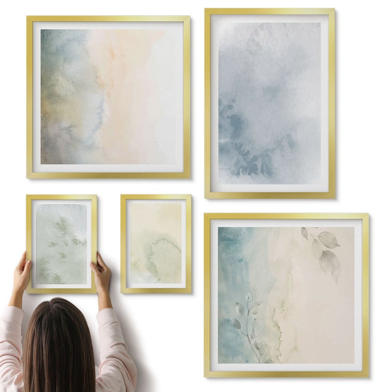 Galeria ścienna 5-częściowy komplet obrazów w złotych ramach - Pastelolwe farby akwarelowe na płótnie tekstury - ArtPrintCave