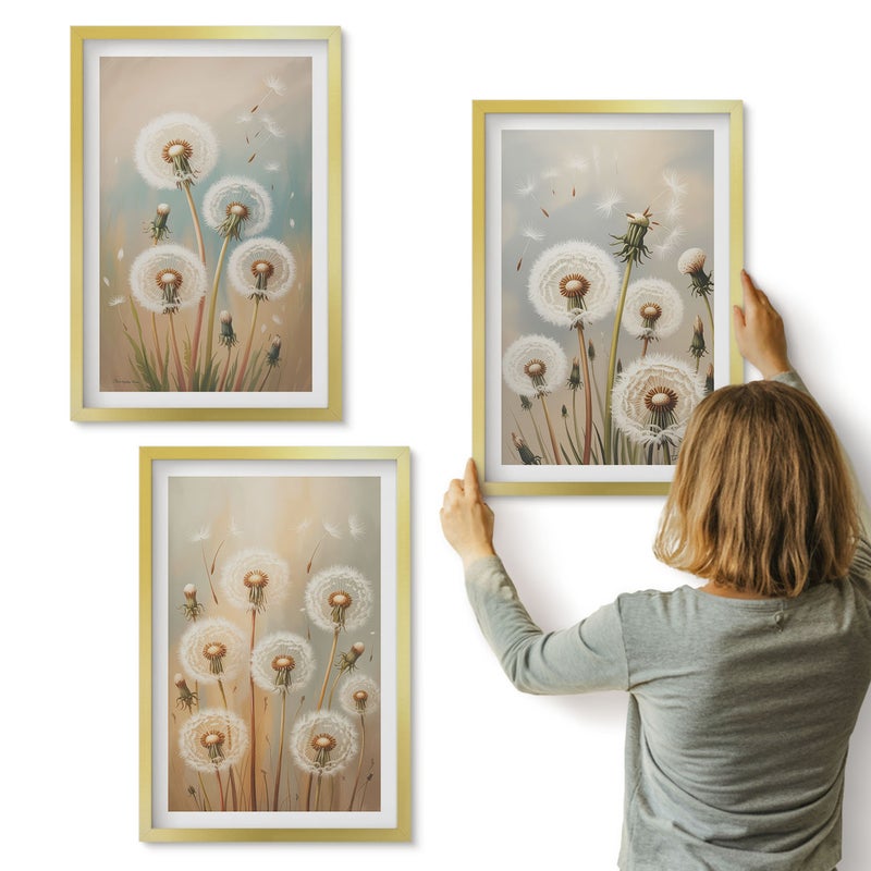 Galeria ścienna 3-częściowy komplet obrazów w złotych ramach - Kwiaty dmuchawców na tle pastelowych kolorów - ArtPrintCave