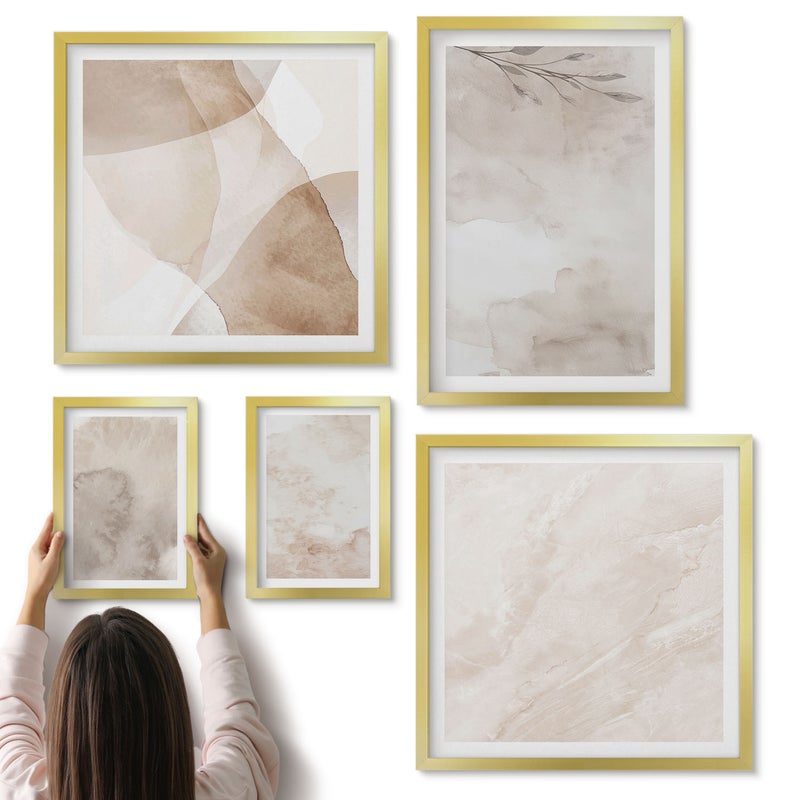 Galeria ścienna 5-częściowy komplet obrazów w złotych ramach - Rozlane farby akwarelowe tekstury styl boho - ArtPrintCave