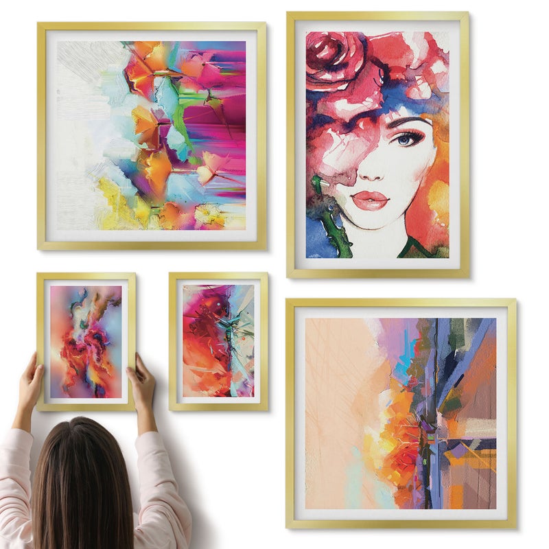Galeria ścienna 5-częściowy komplet obrazów w złotych ramach - Kolorowe portrety i abstrakcyjne kompozycje artystyczne - ArtPrintCave