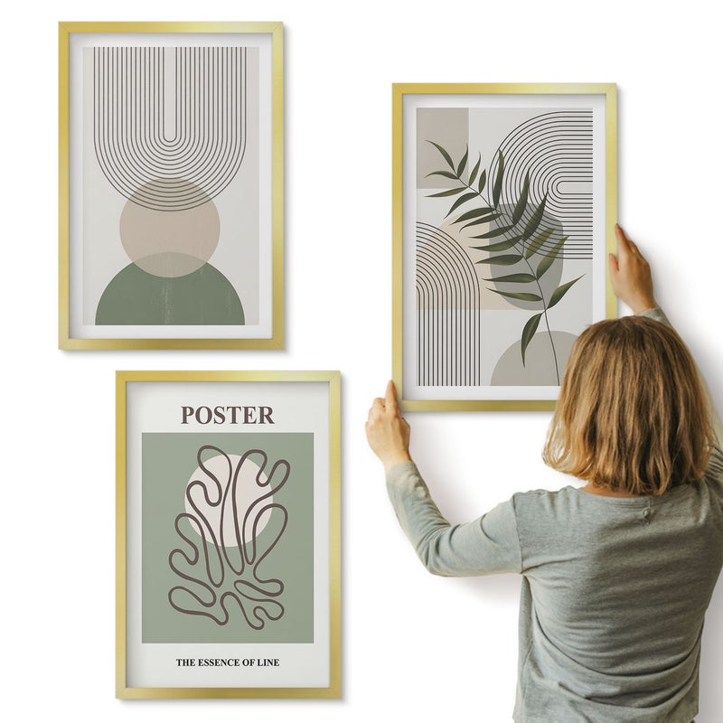 Galeria ścienna 3-częściowy komplet obrazów w złotych ramach - Geometryczne abstrakcje botaniczne wzory poster - ArtPrintCave