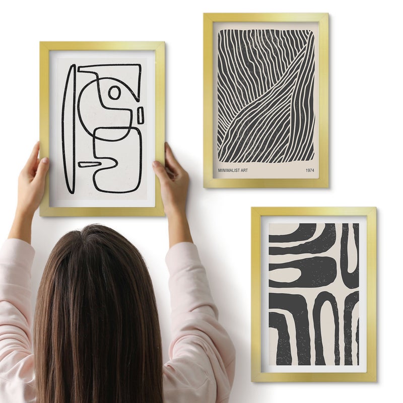 Galeria ścienna 3-częściowy komplet obrazów w złotych ramach - Abstrakcyjne wzory z liniami i teksturami na tle jasnym - ArtPrintCave