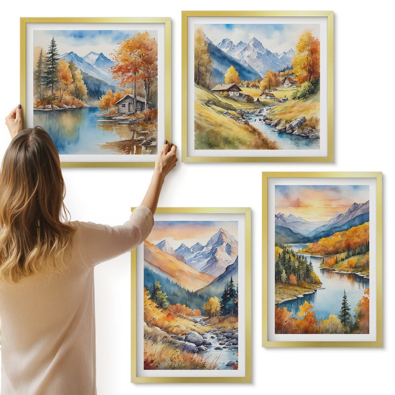 Galeria ścienna 4-częściowy komplet obrazów w złotych ramach - Górski krajobraz z rzeką i jesiennymi drzewami - ArtPrintCave