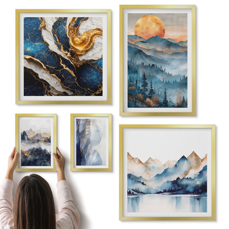 Galeria ścienna 5-częściowy komplet obrazów w złotych ramach - Krajobrazy górskie z zachodem słońca i abstrakcją - ArtPrintCave