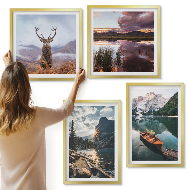 Galeria ścienna 4-częściowy komplet obrazów w złotych ramach - Górskie jezioro łódź zachód słońca jeleń w naturze - ArtPrintCave