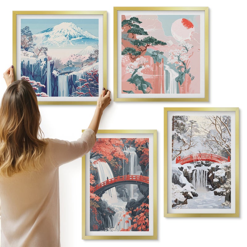 Galeria ścienna 4-częściowy komplet obrazów w złotych ramach - Krajobrazy górskie i wodospady w różnych porach roku - ArtPrintCave