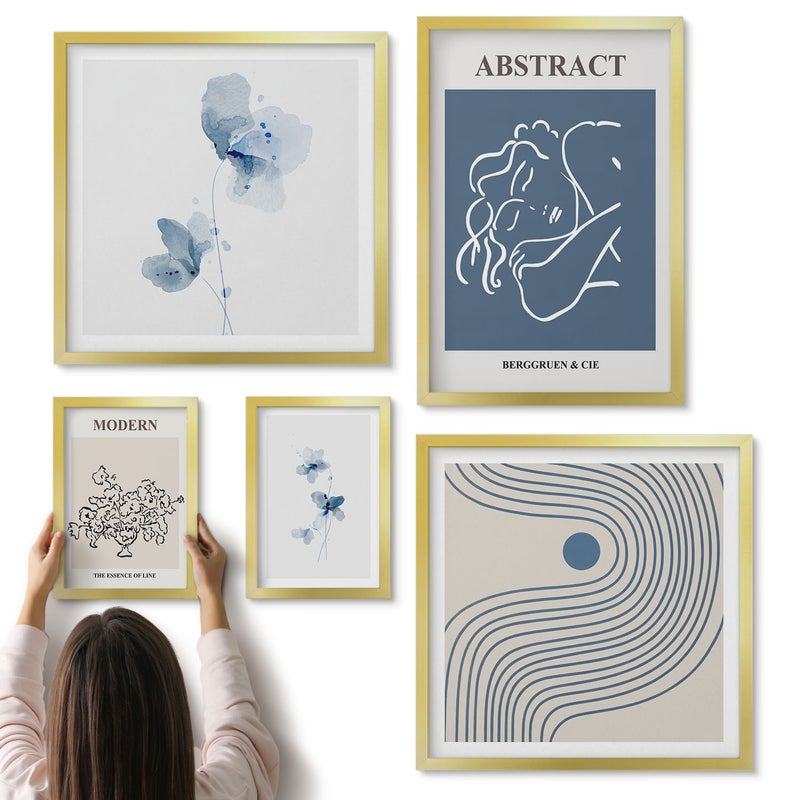 Galeria ścienna 5-częściowy komplet obrazów w złotych ramach - Styl nowoczesny abstrakcyjny z delikatnymi akcentami florystycznymi - ArtPrintCave