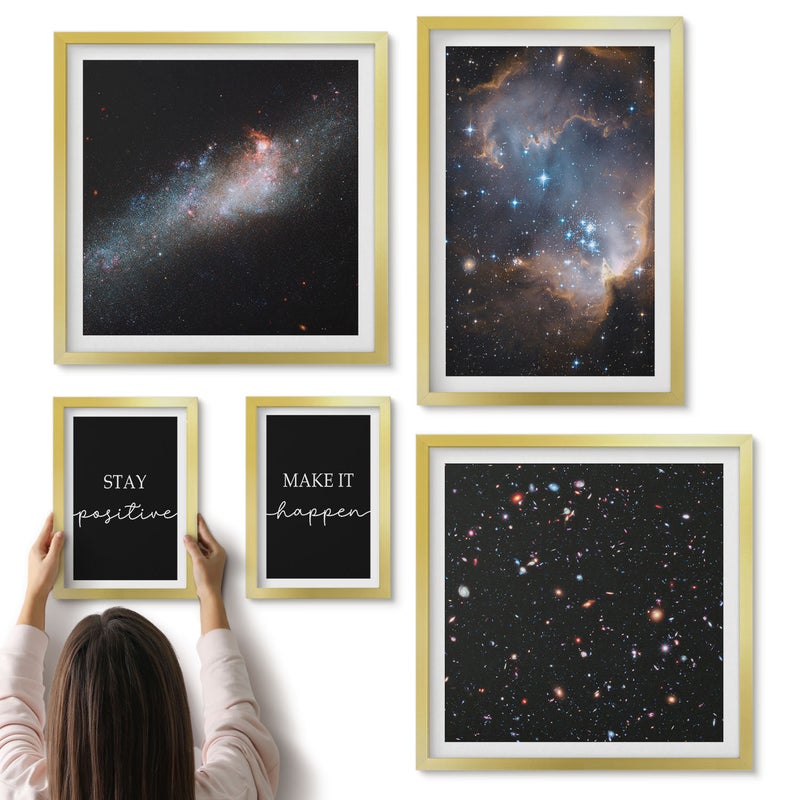 Galeria ścienna 5-częściowy komplet obrazów w złotych ramach - Kosmiczne inspiracje pozytywne przesłania i motywacja - ArtPrintCave