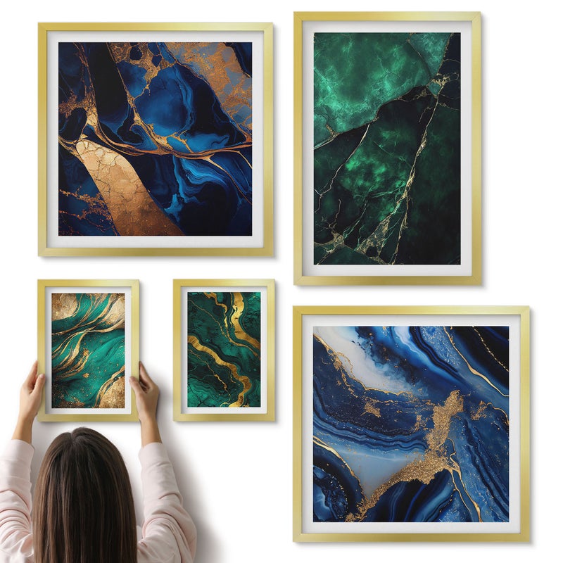 Galeria ścienna 5-częściowy komplet obrazów w złotych ramach - Eleganckie abstrakcje w odcieniach zieleni i błękitu - ArtPrintCave