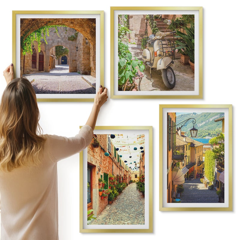 Galeria ścienna 4-częściowy komplet obrazów w złotych ramach - Urokliwe uliczki z roślinnością oraz włoska pizza - ArtPrintCave