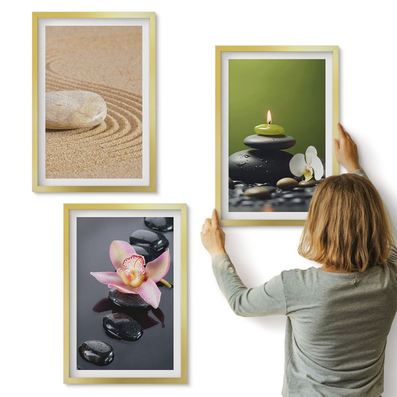 Galeria ścienna 3-częściowy komplet obrazów w złotych ramach - Relaksujące motywy kamieni spokój i zen - ArtPrintCave