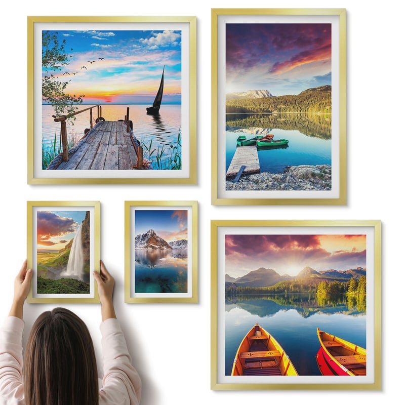 Galeria ścienna 5-częściowy komplet obrazów w złotych ramach - Krajobrazy natury z wodospadami i jeziorami górskimi - ArtPrintCave