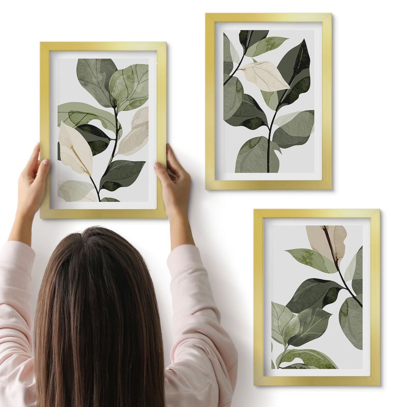 Galeria ścienna 3-częściowy komplet obrazów w złotych ramach - Malowane delikatne liście roślin boho - ArtPrintCave