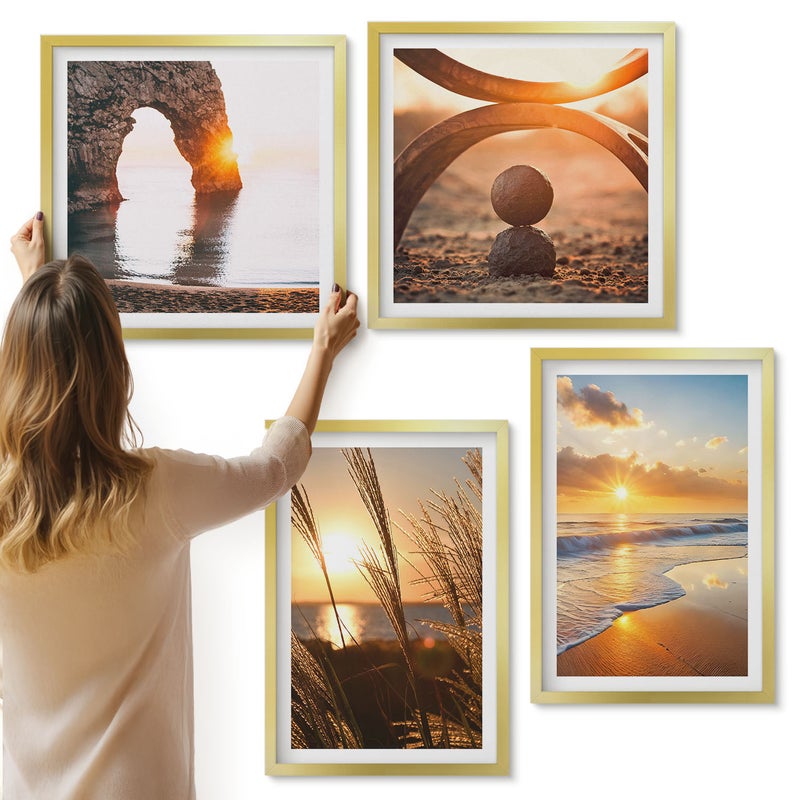 Galeria ścienna 4-częściowy komplet obrazów w złotych ramach - Spokojne pejzaże zachód słońca na plaży - ArtPrintCave
