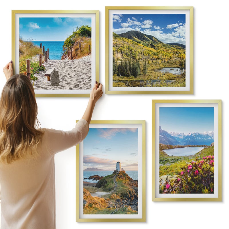Galeria ścienna 4-częściowy komplet obrazów w złotych ramach - Widok plaży latarni morskiej gór i łąk kwiatów - ArtPrintCave