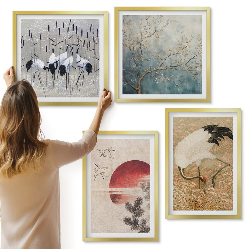 Galeria ścienna 4-częściowy komplet obrazów w złotych ramach - Japońskie ilustracje żurawi krajobraz japandi - ArtPrintCave