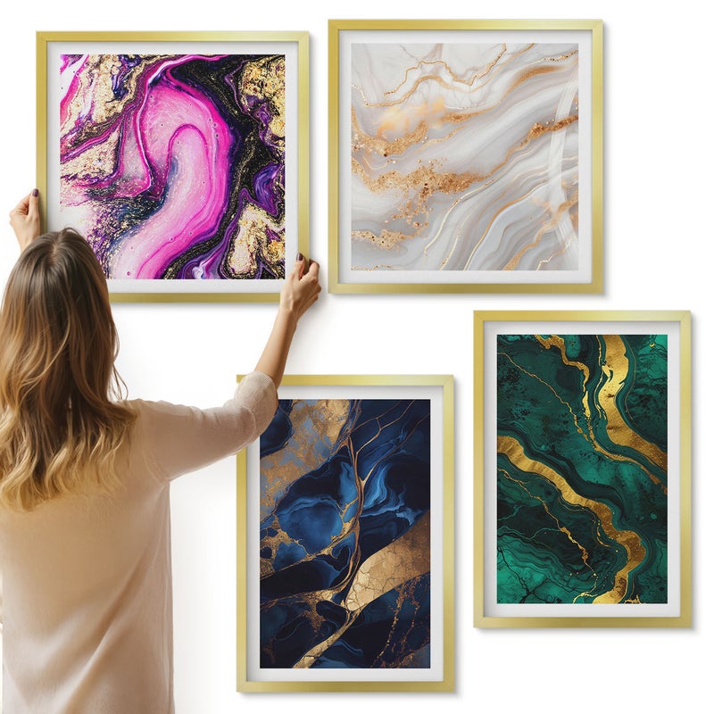 Galeria ścienna 4-częściowy komplet obrazów w złotych ramach - Abstrakcyjne wzory marmuru i zmieszanych farb - ArtPrintCave