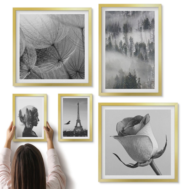 Galeria ścienna 5-częściowy komplet obrazów w złotych ramach - Czarno-białe inspiracje z naturą i miastem europejskim - ArtPrintCave