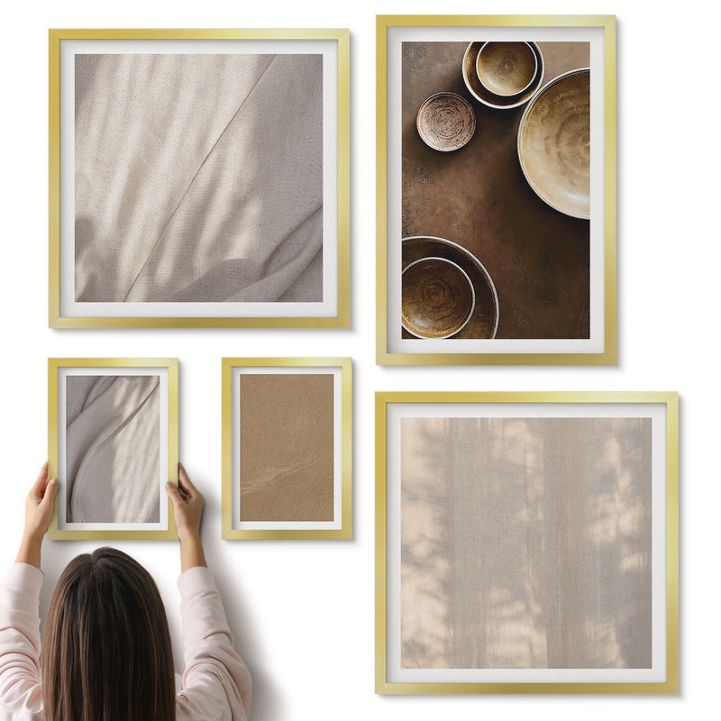 Galeria ścienna 5-częściowy komplet obrazów w złotych ramach - Struktury i tekstury w minimalistycznym stylu - ArtPrintCave