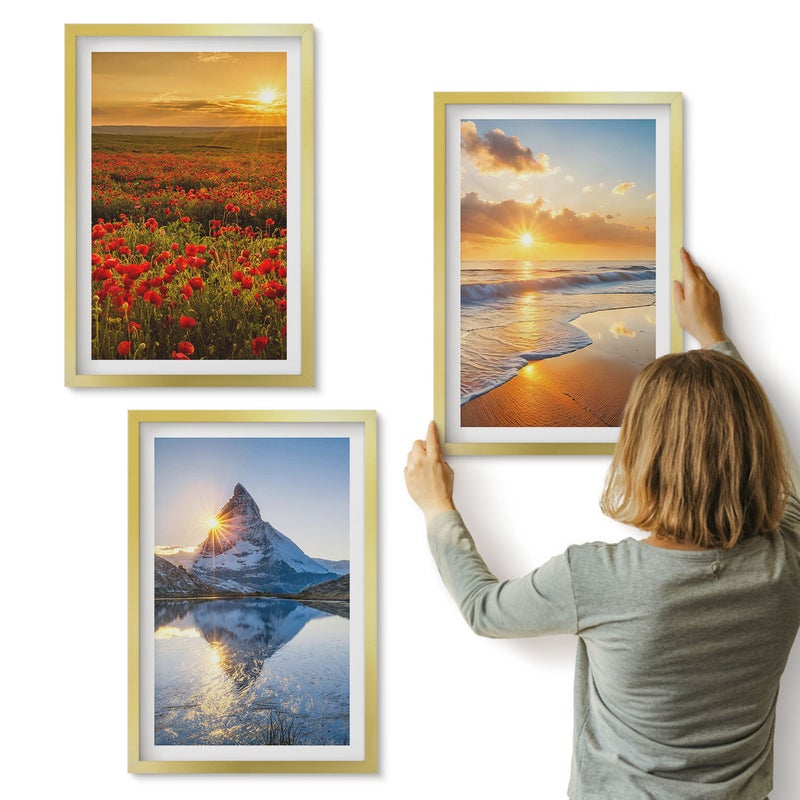 Galeria ścienna 3-częściowy komplet obrazów w złotych ramach - Krajobrazy górskie i nadmorskie z zachodem słońca - ArtPrintCave