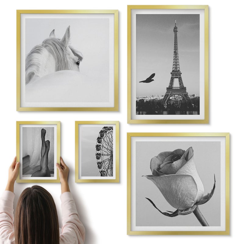 Galeria ścienna 5-częściowy komplet obrazów w złotych ramach - Stylowe czarno-białe obrazy z Paryżem i elegancją - ArtPrintCave