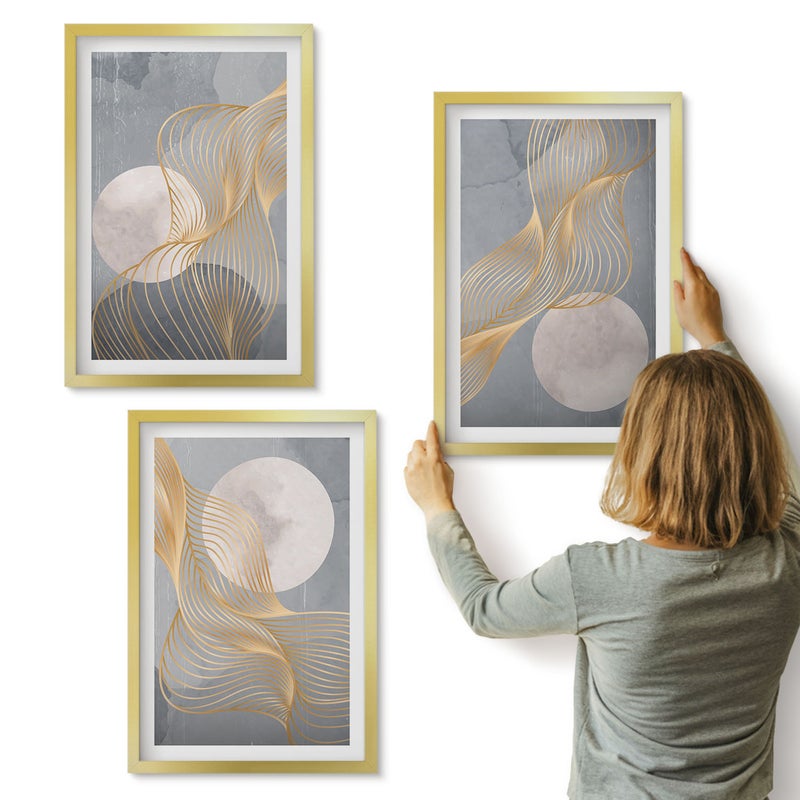 Galeria ścienna 3-częściowy komplet obrazów w złotych ramach - Abstrakcyjne wzory z falami i okręgami na szarym tle - ArtPrintCave