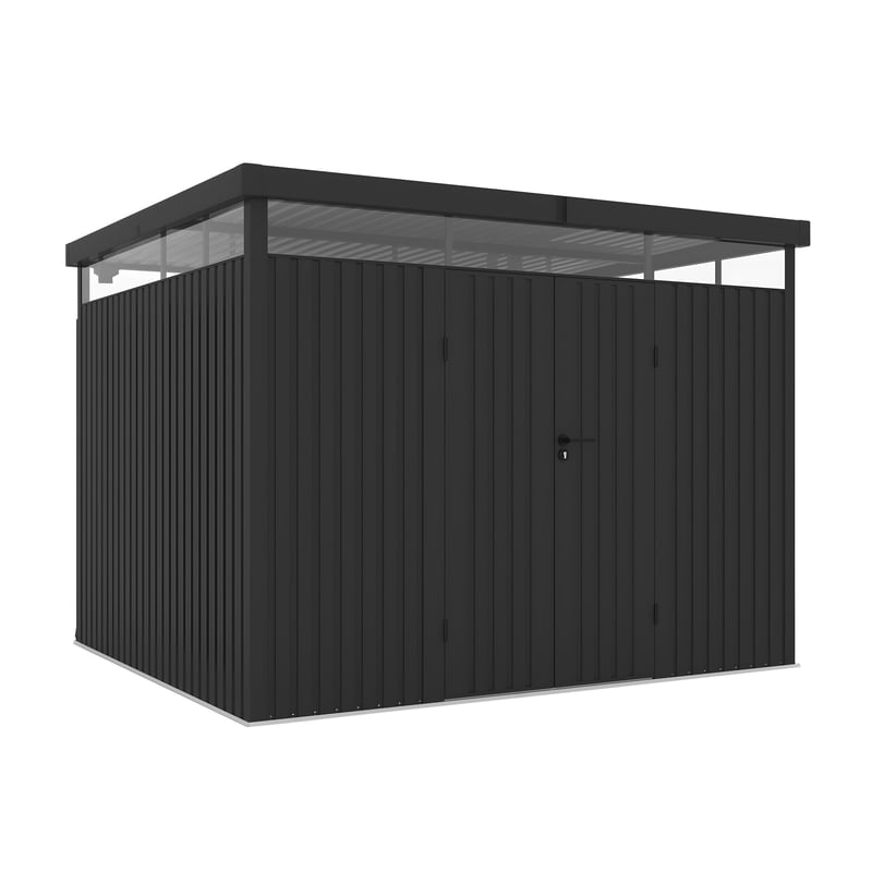 Domek narzędziowy metalowy Quarz 7,66 m², 296x259x218 cm, grubość 0.40 mm, lampa, zamek na klucz, świetlik 360°, dach płaski, schowek