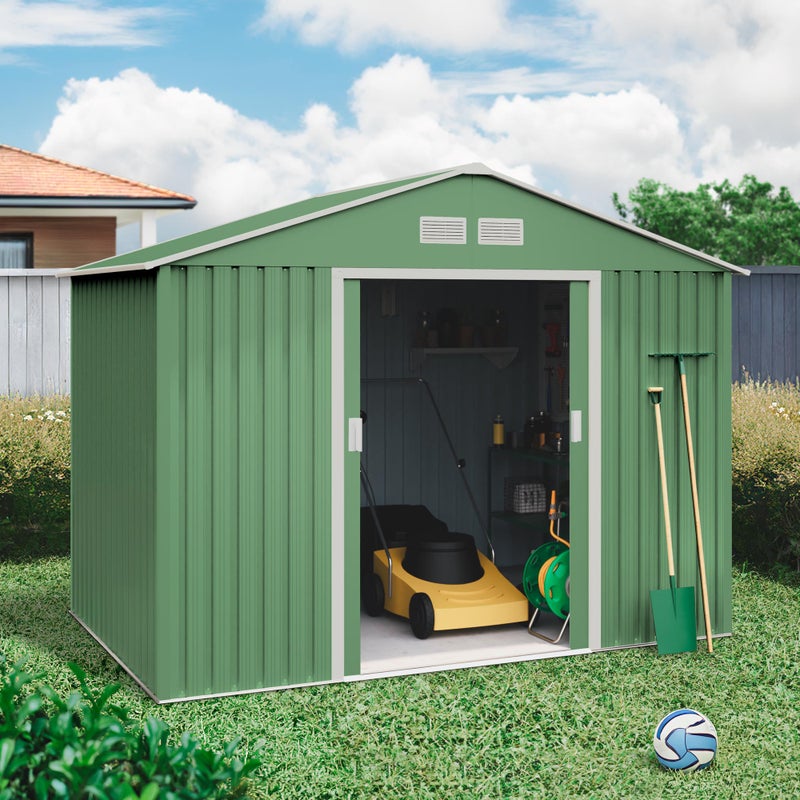 Domek narzędziowy metalowy Light Green 8,08 m², podwójne drzwi przesuwne, otwory wentylacyjne, do przechowywania narzędzi i sprzętu