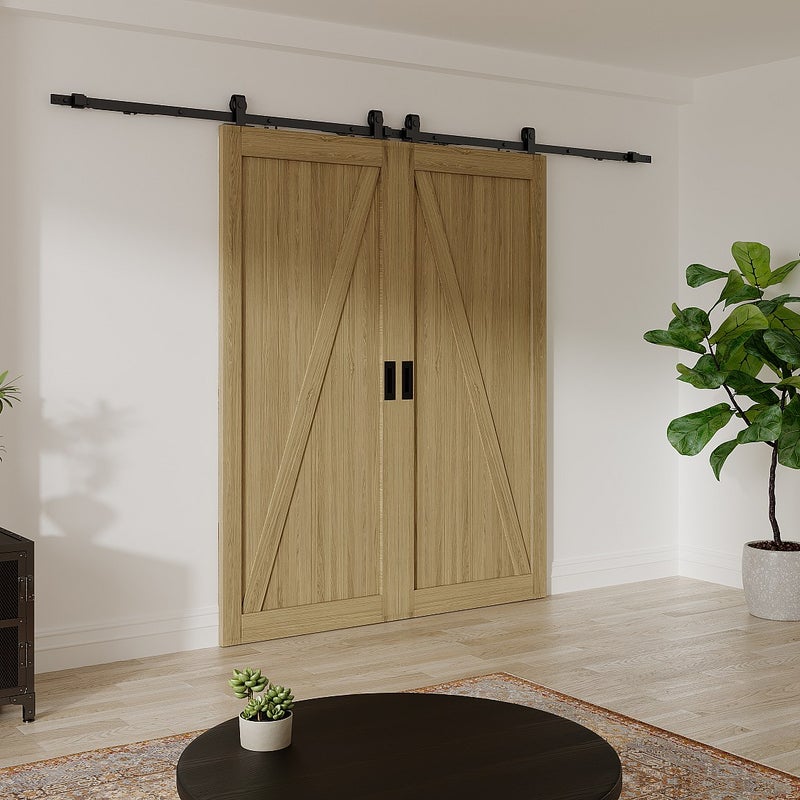 Drzwi przesuwne naścienne podwójne z drewna i MDF - Naturalny jasny - 2 x wys. 205 x szer. 73 cm - BALERMA