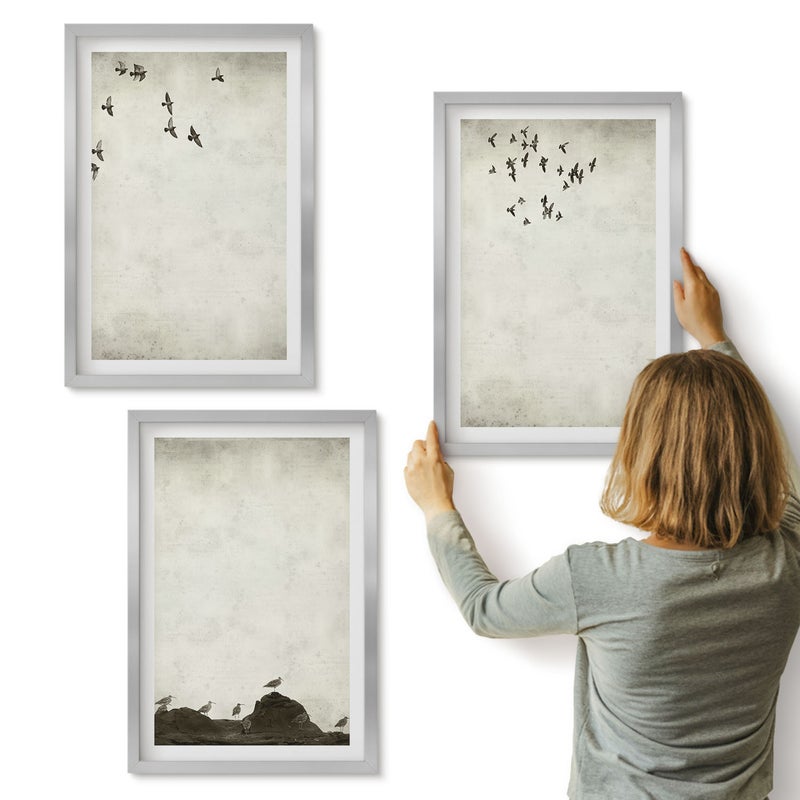 Galeria ścienna 3-częściowy komplet obrazów w srebrnych ramach - Lecące stado ptaków styl minimalistyczny - ArtPrintCave