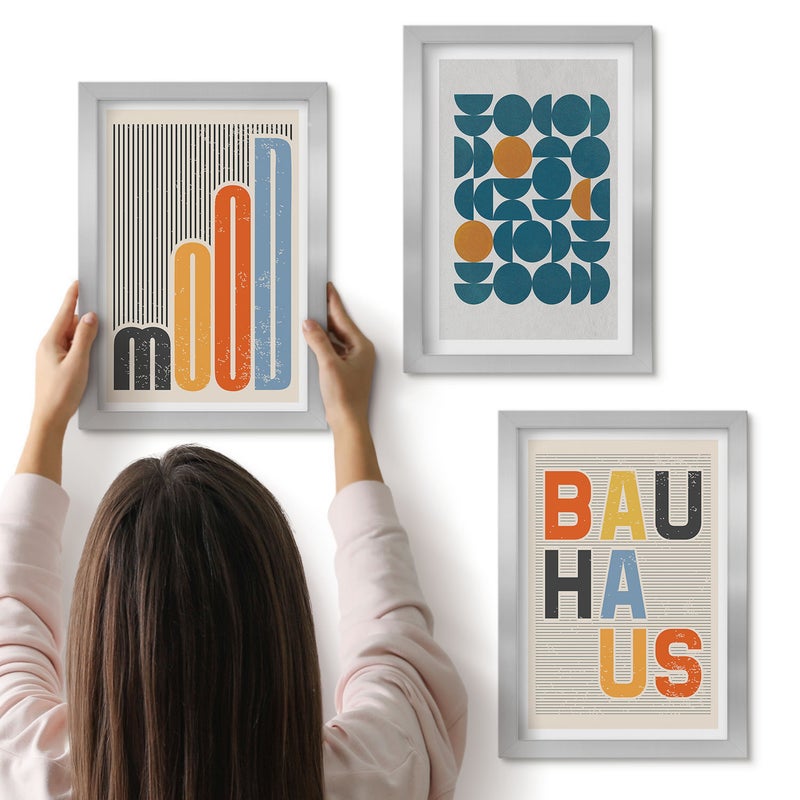 Galeria ścienna 3-częściowy komplet obrazów w srebrnych ramach - Geometryczne wzory postery styl Bauhaus - ArtPrintCave