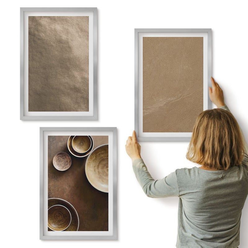 Galeria ścienna 3-częściowy komplet obrazów w srebrnych ramach - Kamienne struktury nowoczesny styl minimalistyczny - ArtPrintCave