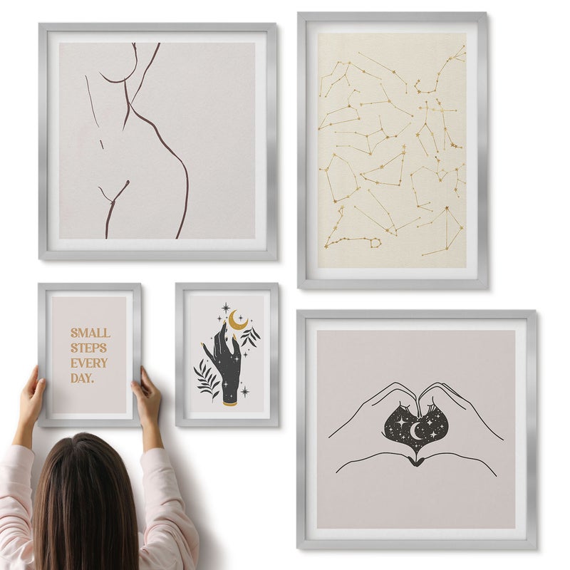 Galeria ścienna 5-częściowy komplet obrazów w srebrnych ramach - Minimalistyczne motywy z inspiracjami kosmicznymi i naturą - ArtPrintCave