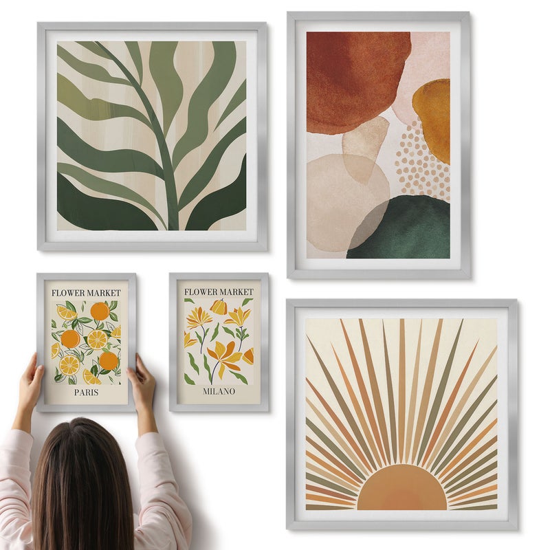 Galeria ścienna 5-częściowy komplet obrazów w srebrnych ramach - Stylowe grafiki z motywami roślinnymi i geometrycznymi - ArtPrintCave
