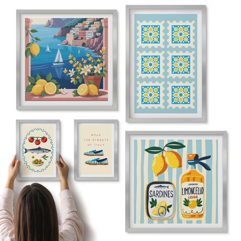 Galeria ścienna 5-częściowy komplet obrazów w srebrnych ramach - Kuchenne inspiracje z Włoch smak i styl śródziemnomorski - ArtPrintCave