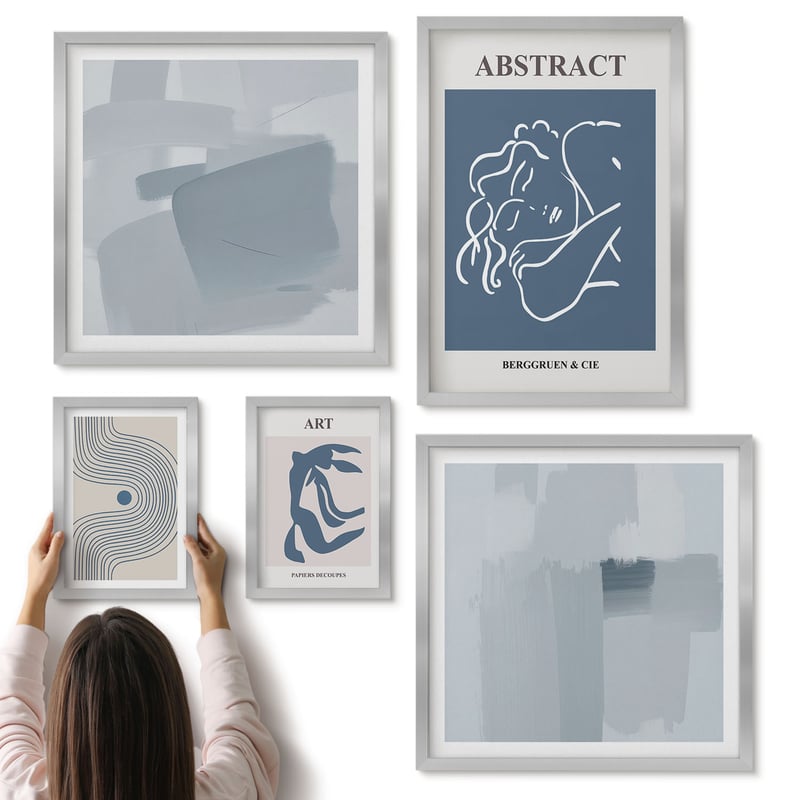 Galeria ścienna 5-częściowy komplet obrazów w srebrnych ramach - Stylowe abstrakcje i minimalistyczne kompozycje artystyczne - ArtPrintCave