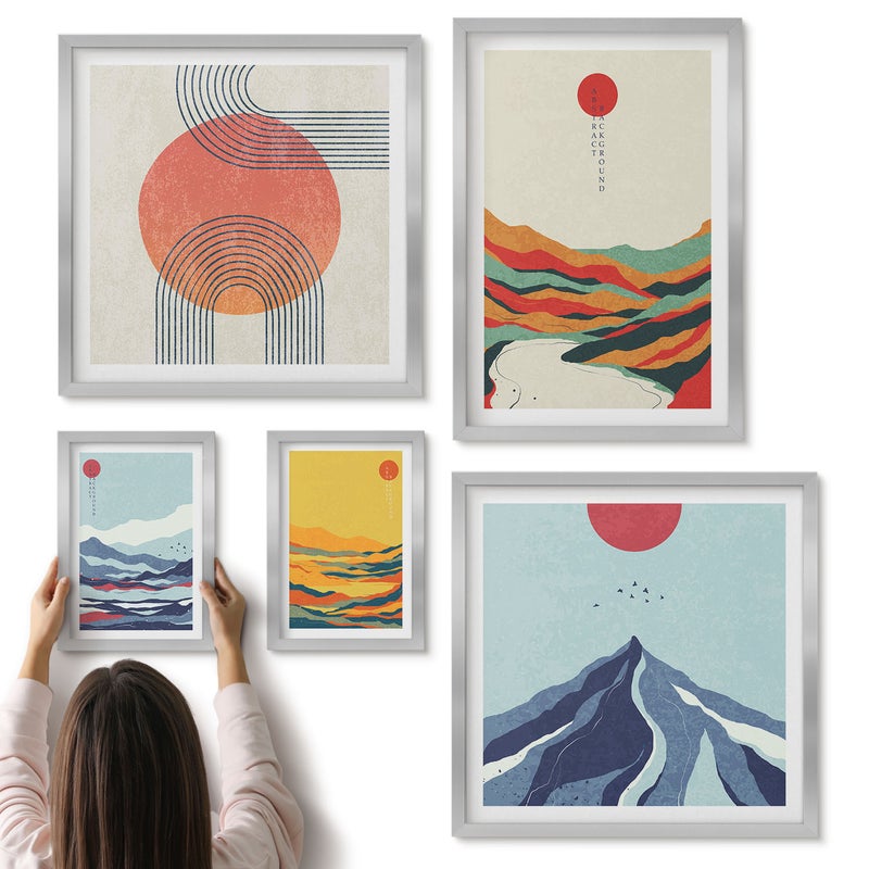 Galeria ścienna 5-częściowy komplet obrazów w srebrnych ramach - Abstrakcyjne krajobrazy górskie z geometrycznymi kształtami - ArtPrintCave