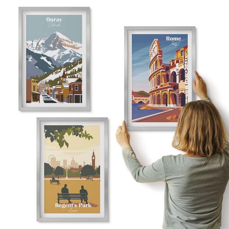 Galeria ścienna 3-częściowy komplet obrazów w srebrnych ramach - Góry w Ouray Park w Londynie Koloseum w Rzymie - ArtPrintCave