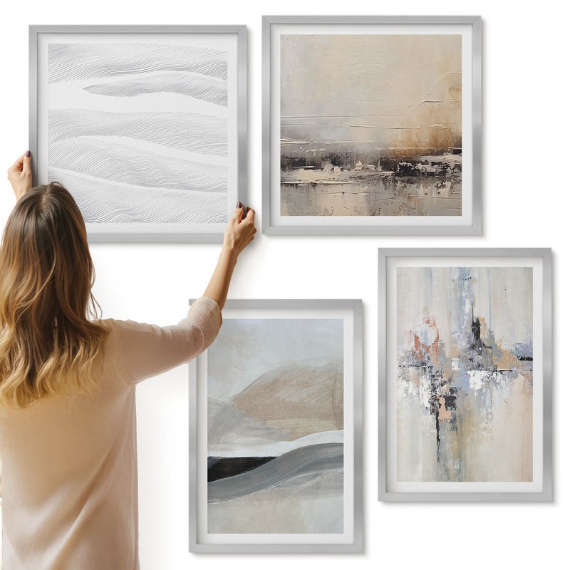 Galeria ścienna 4-częściowy komplet obrazów w srebrnych ramach - Abstrakcyjne wzory w neutralnych odcieniach ziemi - ArtPrintCave